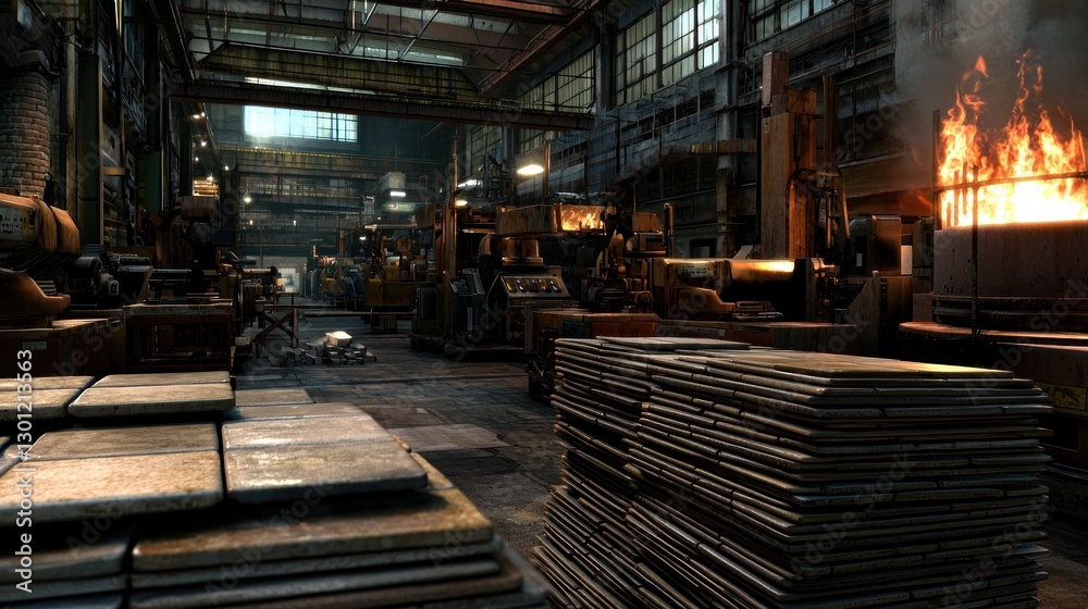 Industrial metal factory interior with machines and stacked metal sheets, fire in background Industrial metal factory interior with machines and stacked metal sheets, fire in background