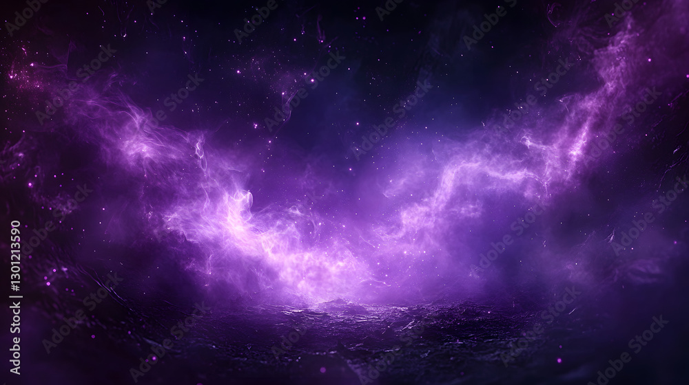 Naklejka premium A dark, mystical background with purple sparks, swirling smoke, and magic fire particle effects, featuring foggy clouds and abstract violet energy for a spooky Halloween frame