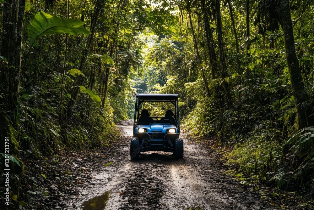 Obraz premium Blue buggy driving through the jungle forest.