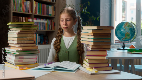 Fotografía Scared fatigued upset Caucasian little girl child kid schoolgirl school pupil le