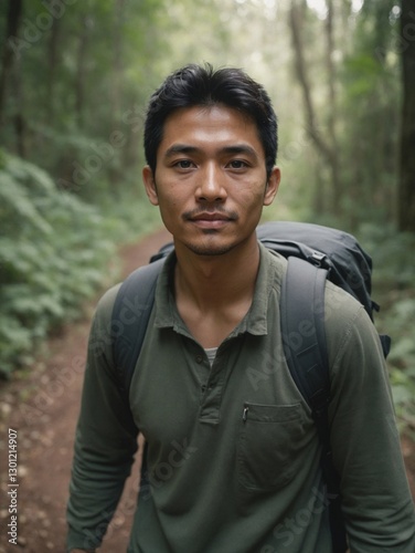 Southeast Asian Man Hiker Smiling on Wilderness Trail, Symbolizing Freedom and Harmony with Environment