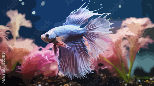 Pink betta in planted aquarium vector illustration