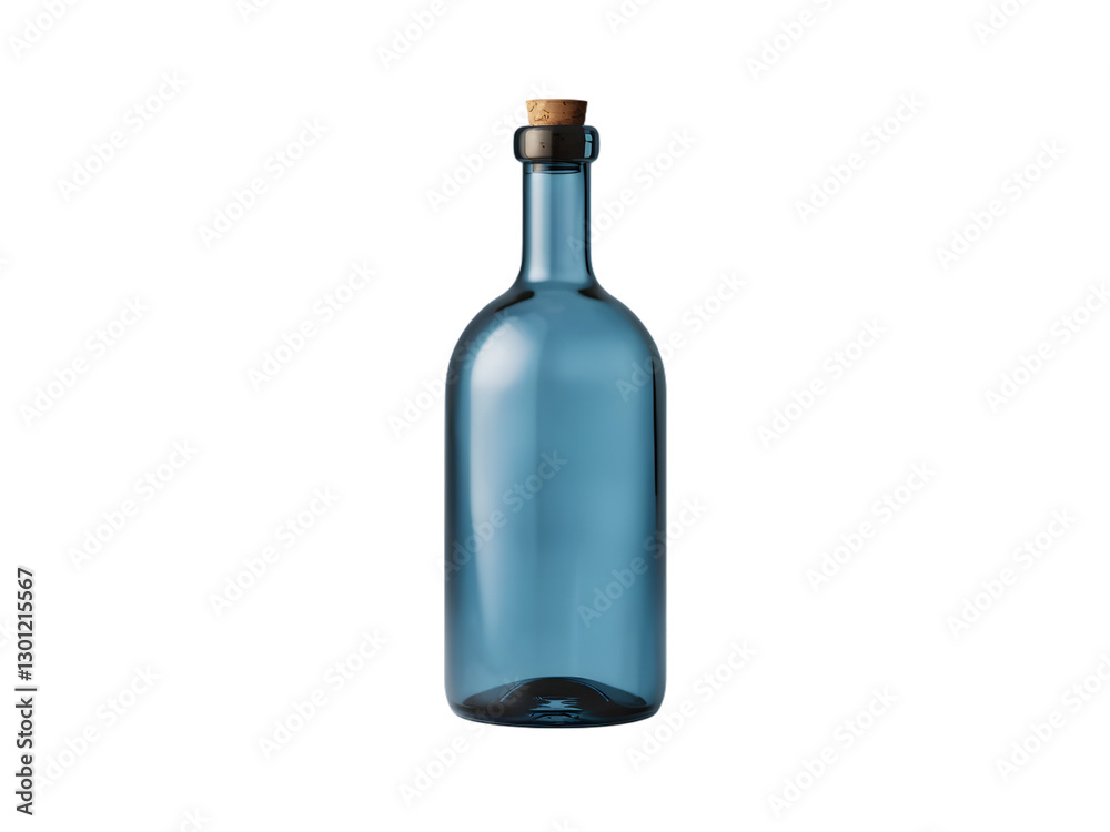 A studio shot of a stylish, blue glass bottle with a decorative stopper. A studio shot of a stylish, blue glass bottle with a decorative stopper.