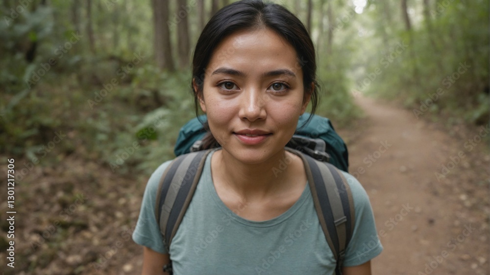 Southeast Asian Woman Hiker on Serene Forest Path, Symbolizing Resilience and Mindful Discovery Southeast Asian Woman Hiker on Serene Forest Path, Symbolizing Resilience and Mindful Discovery