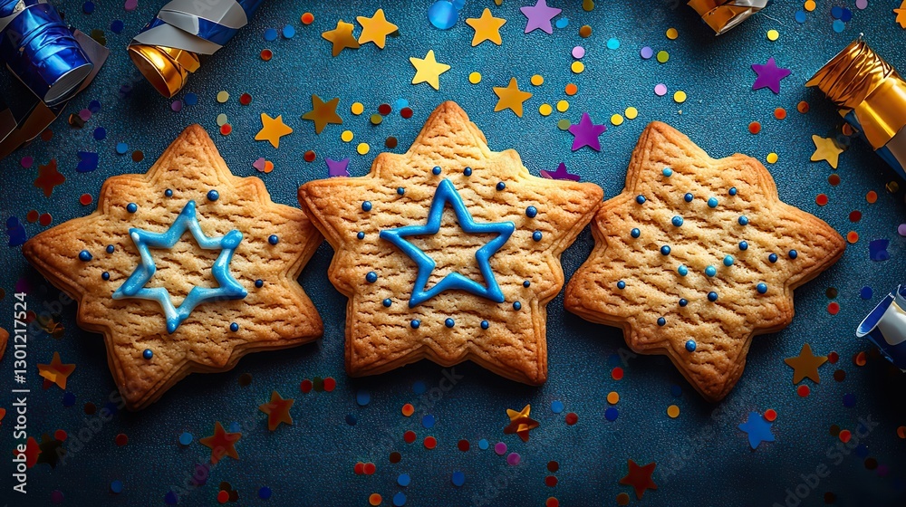 A top view vertical shot of a Purim party concept triangular cookies, Star of David designs, masquerade gear, bow ties, masks, confetti, and celebratory noisemakers on a sky blue surface. A top view vertical shot of a Purim party concept triangular cookies, Star of David designs, masquerade gear, bow ties, masks, confetti, and celebratory noisemakers on a sky blue surface.