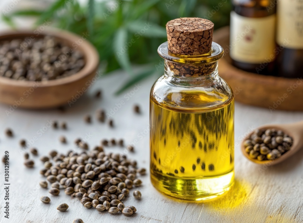 Hemp seeds and oil on white table Hemp seeds and oil on white table