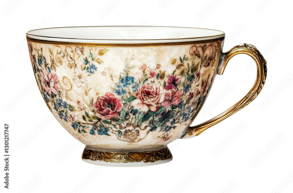 Elegant floral tea cup with golden detailing for evening gatherings and tea parties, cut out Elegant floral tea cup with golden detailing for evening gatherings and tea parties, cut out