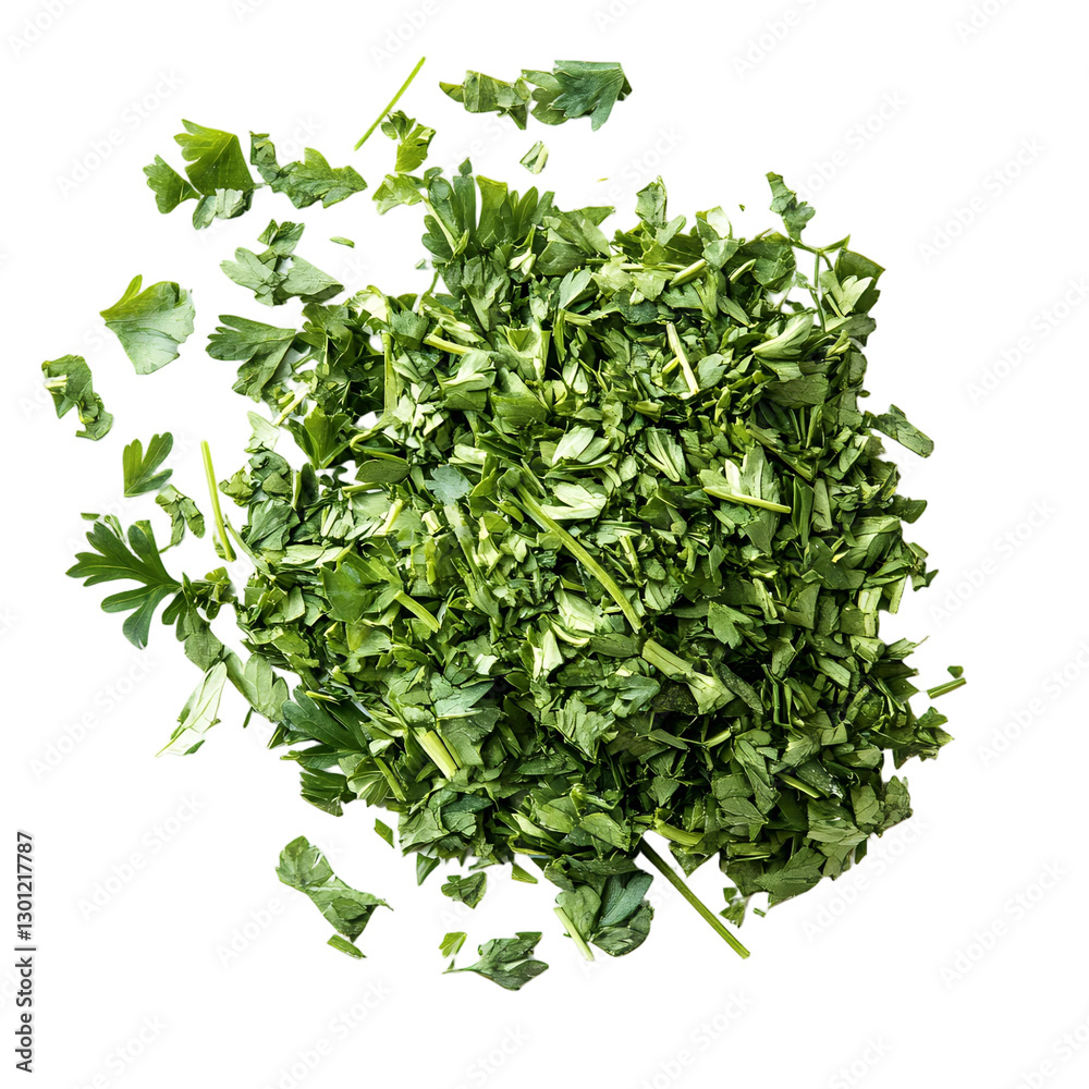 Obraz premium Fresh chopped parsley pile culinary herb green leaves food ingredient isolated transparent background