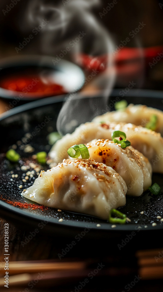 Steamed dumplings garnished with sesame seeds and chopped green onions served on a black plate with a dipping sauce on the side, steaming hot and ready to be enjoyed.