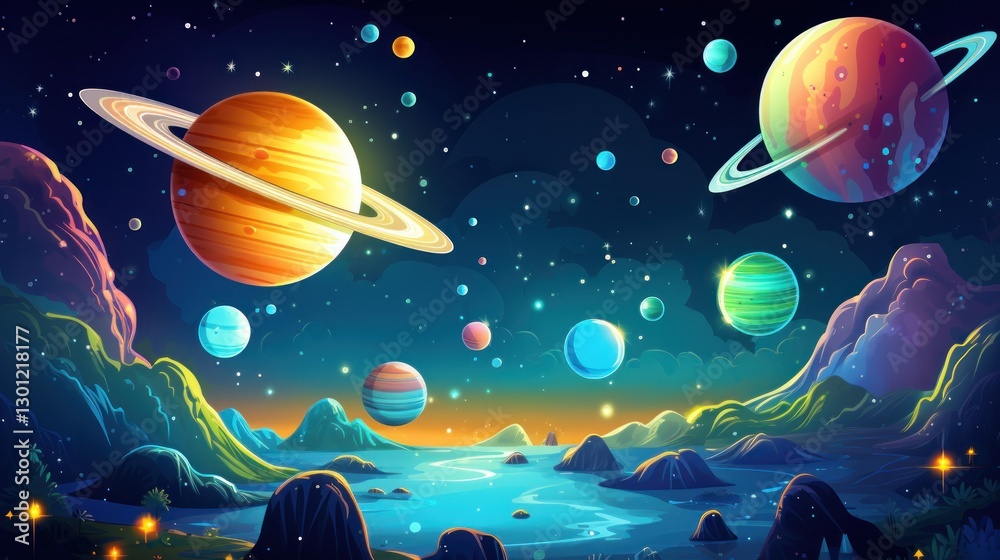 Whimsical Exoplanetary Landscape with Ringed Planets and Celestial Bodies Whimsical Exoplanetary Landscape with Ringed Planets and Celestial Bodies