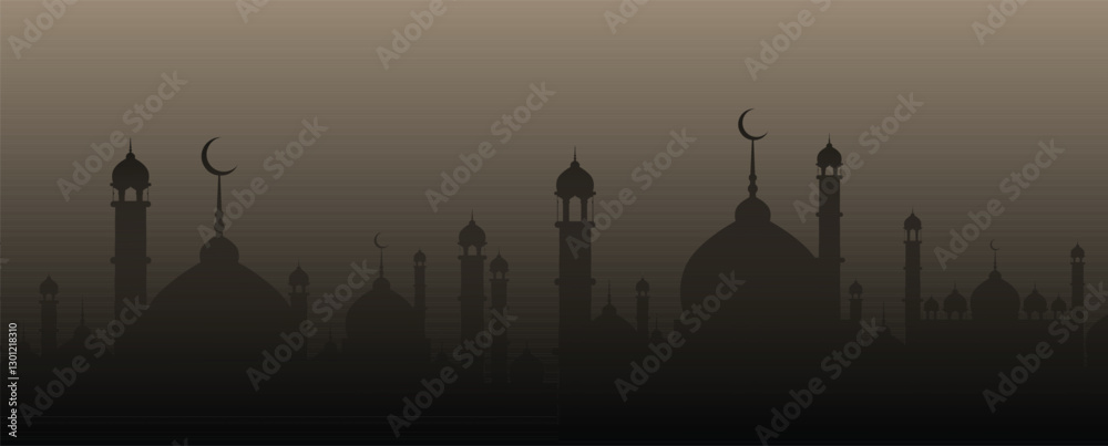 Mosque silhouette vector with crescent moon. Islamic architecture, spiritual symbol. Misty, atmospheric background. Religious, cultural design. Perfect for Ramadan, Eid, and Muslim-themed graphics Mosque silhouette vector with crescent moon. Islamic architecture, spiritual symbol. Misty, atmospheric background. Religious, cultural design. Perfect for Ramadan, Eid, and Muslim-themed graphics