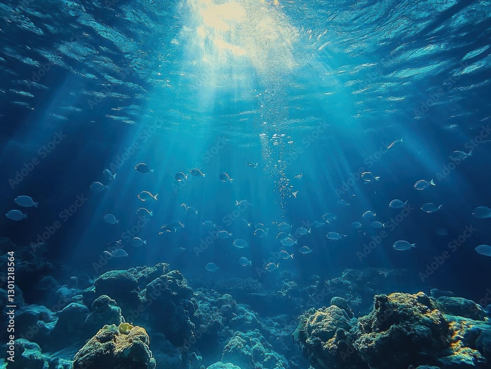 Fototapeta premium Ocean Underwater Scene Sunlight Rays Fish Reef