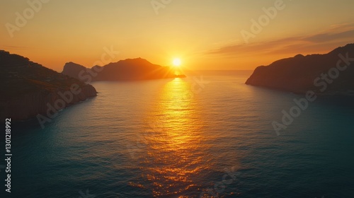 Golden Sunset Over Ocean Water Surrounded by Mountainous Coastline
