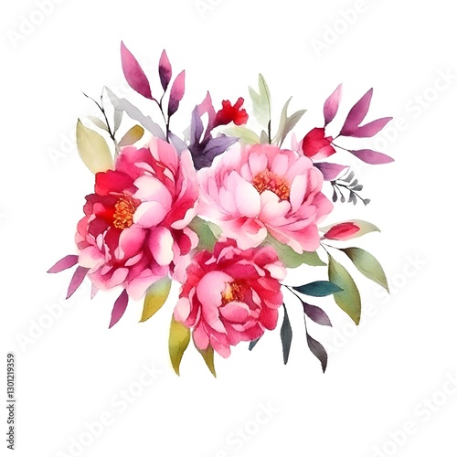 Bouquet of pink flowers with green leaves illustration. Bouquet of pink flower roses