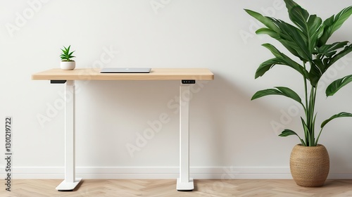 Compact standing desk in a modern home office with neutral tones and clean lines, remote work lifestyle, minimalist comfort