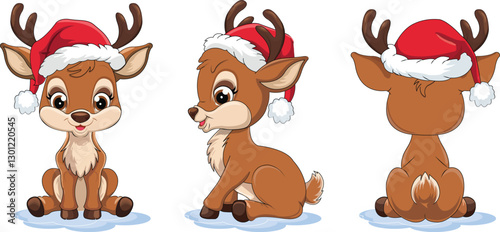 multiple Angle christmas reindeer set is sitting in a Christmas hat vector illustration