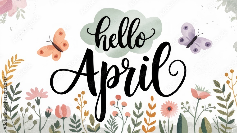 Obraz premium Spring-Themed 'Hello April' Illustration with Floral Decor and Butterflies Generative AI