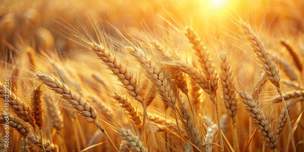 Golden Wheat Field at Sunset A Close-Up View of Ripe Grain Stalks Bathed in Warm Sunlight Golden Wheat Field at Sunset A Close-Up View of Ripe Grain Stalks Bathed in Warm Sunlight