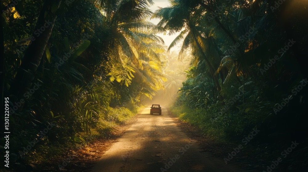 Naklejka premium Car drives down sunny jungle road adventure.