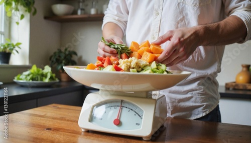 Person weighing fresh vegetables on kitchen scale