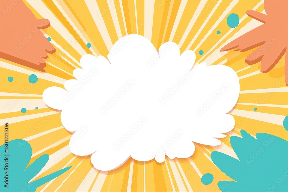 Colorful comic pop art speech bubble with vibrant sunburst background in energetic design style Colorful comic pop art speech bubble with vibrant sunburst background in energetic design style
