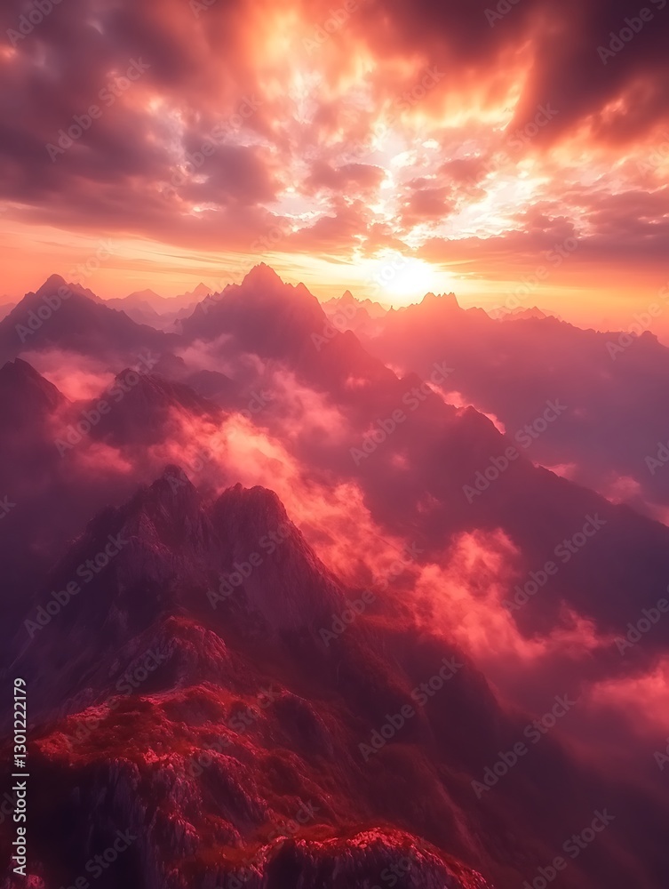 Fototapeta premium Panoramic mountain range view at dusk with ethereal light and cloudscape