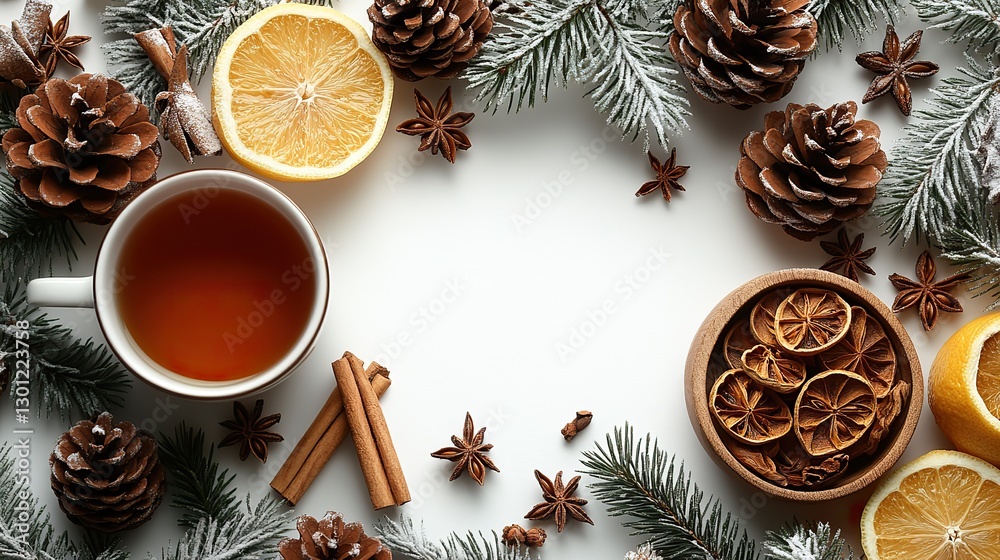 A winter composition with pine cones, anise, a cup of tea, a wooden bowl with cookies, cinnamon sticks, and dried lemon slices is arranged on a white background with blank space in the middle. A winter composition with pine cones, anise, a cup of tea, a wooden bowl with cookies, cinnamon sticks, and dried lemon slices is arranged on a white background with blank space in the middle.