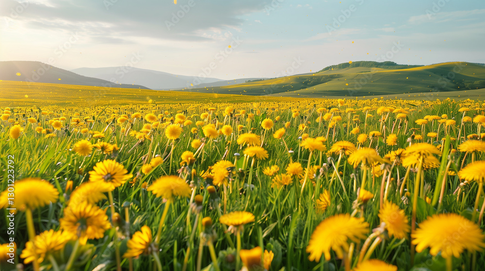 Fototapeta premium A vast field of blooming dandelions, with vibrant yellow flowers stretching endlessly across the landscape. A gentle breeze causes the seeds to float gracefully in the air, while a clear sky with soft