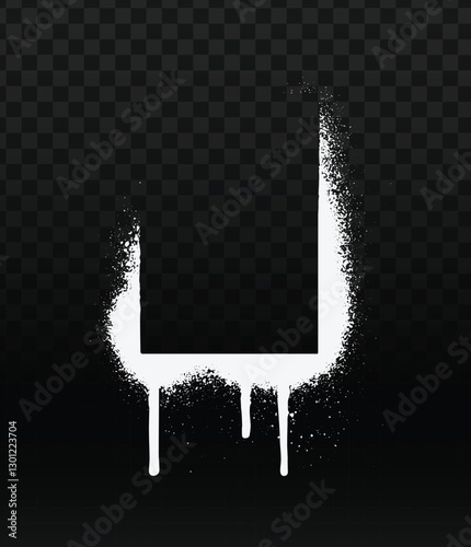 White spray paint "U" vector, dripping effect.  Grunge, splattered texture.  Transparent background overlay.  Urban, street art style.  Perfect for edgy designs, graffiti letters, and artistic element