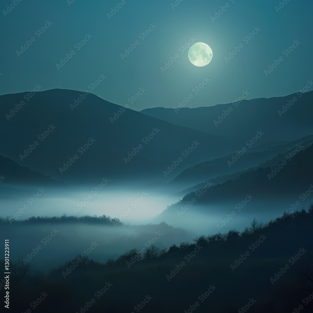 A mystical foggy valley illuminated by the full moon with layers of soft shadows ar 16:9 v 6.1 q 2