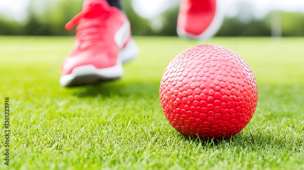 Naklejka premium Red ball and sneakers training on green grass field