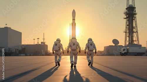 Three astronauts in white spacesuits walk towards a rocket preparation site at sunset, symbolizing exploration.