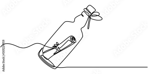 Continuous one line drawing of a message in a bottle. Simple vector illustration, Message in a bottle one line art, Continuous one line drawing sea bottle SOS emergency. SOS concept. Single line draw.