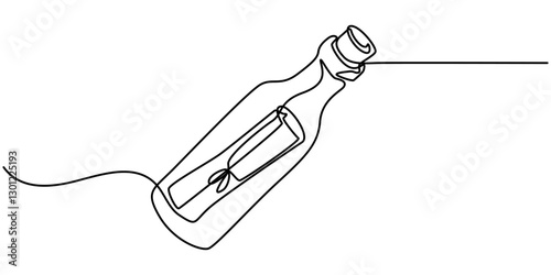 Continuous one line drawing of a message in a bottle. Simple vector illustration, Message in a bottle one line art, Continuous one line drawing sea bottle SOS emergency. SOS concept. Single line draw.