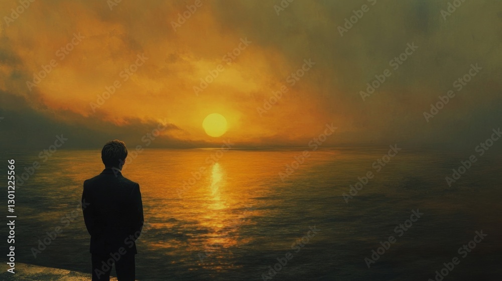 man looking at the ocean at sunset, contemplating life, distant gaze, cinematic depth man looking at the ocean at sunset, contemplating life, distant gaze, cinematic depth