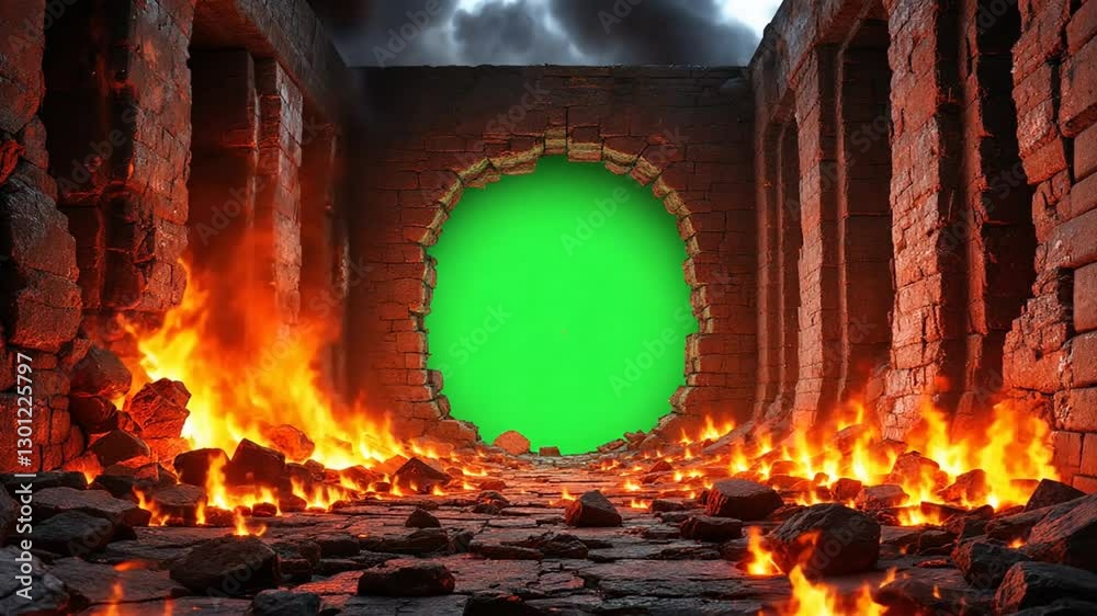 Fiery portal in ancient ruins with a green screen backdrop for special effects