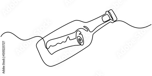 Continuous one line drawing of a message in a bottle. Simple vector illustration, Message in a bottle one line art, Continuous one line drawing sea bottle SOS emergency. SOS concept. Single line draw.