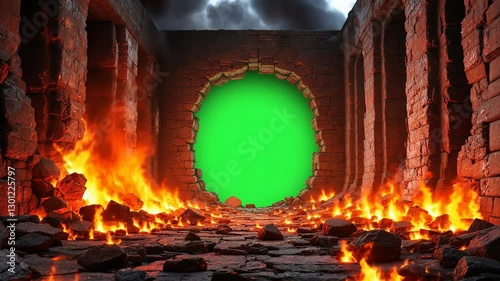 Fiery portal in ancient ruins with a green screen backdrop for special effects