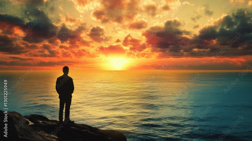 man looking at the ocean at sunset, contemplating life, distant gaze, cinematic depth man looking at the ocean at sunset, contemplating life, distant gaze, cinematic depth