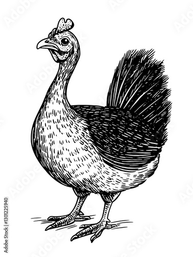 Engraved illustration of a hen showcasing detailed features suitable for product design applications