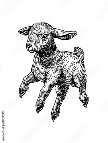 Vector engraved illustration of a leaping goat in a playful pose perfect for product design