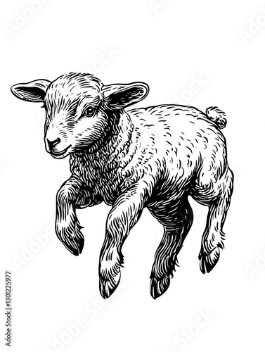 Vector engraved illustration of a jumping lamb for product design and creative use