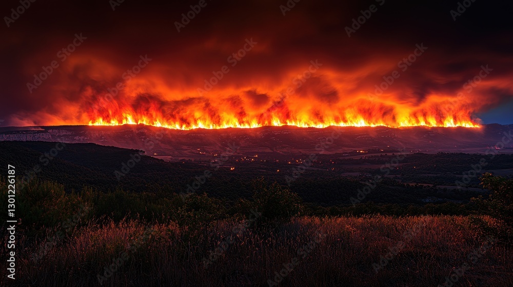Naklejka premium Wildfire Raging Across Mountain Ridge During Nighttime Creating Dramatic Landscape