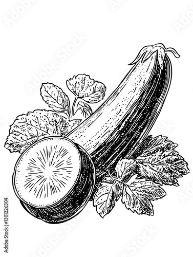 Vector engraved illustration of fresh zucchini with leaves and cross-section display for product design