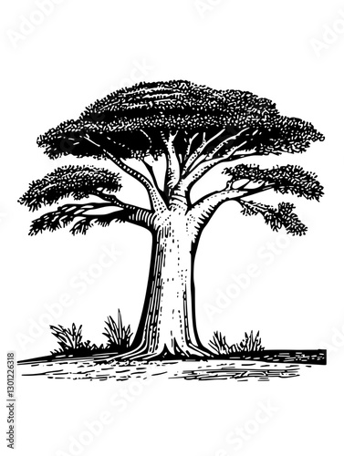 Vector engraved illustration of a large tree with a broad canopy, suitable for product design or decorative use in nature-themed projects