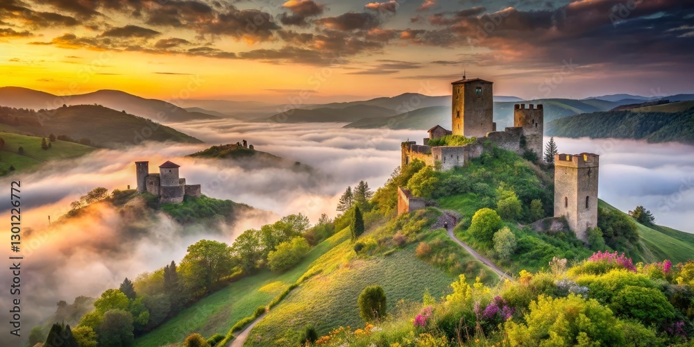 Fototapeta premium Ancient Stone Castles Enveloped in Morning Mist, Serene Hillside Landscape at Sunrise
