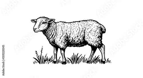 Vector engraved illustration of a standing sheep in lush grass for product design inspirations and ideas