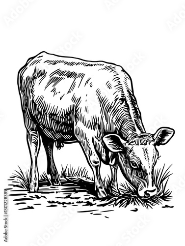 Vector engraved illustration of a grazing cow in a rural setting showcasing farm life and livestock management