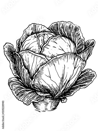 Engraved illustration of a detailed cabbage design for product applications