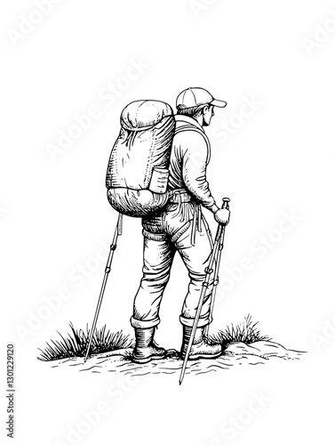 Vector engraved illustration of a hiker with backpack and trekking poles in nature